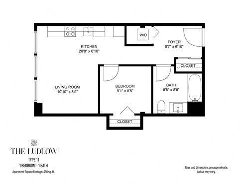 Floor plan for 1 bed, 1 bath, 496 sqft